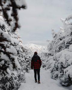 Jack Vachon walking in the snowy woods