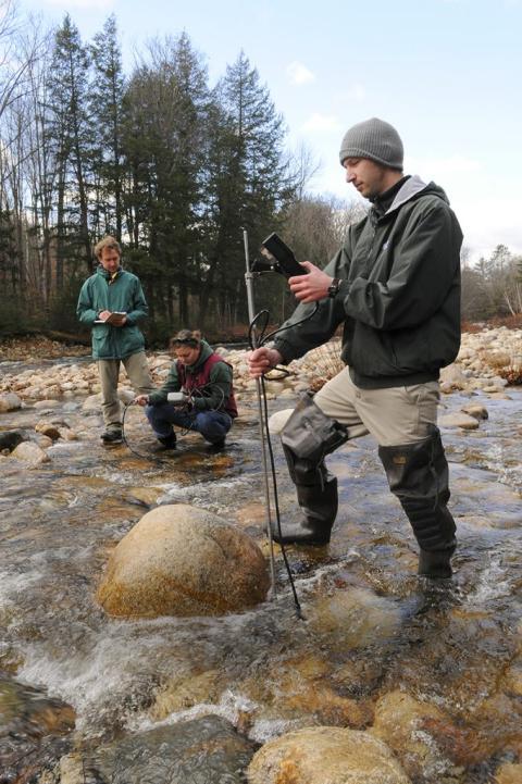 Students collecting samples from river for a science class