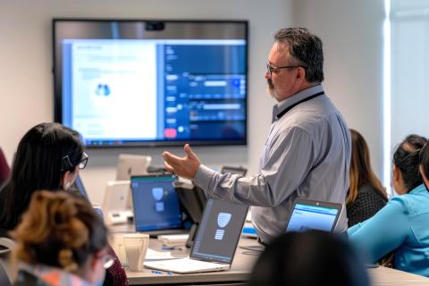 A man teaching a cybersecurity class.