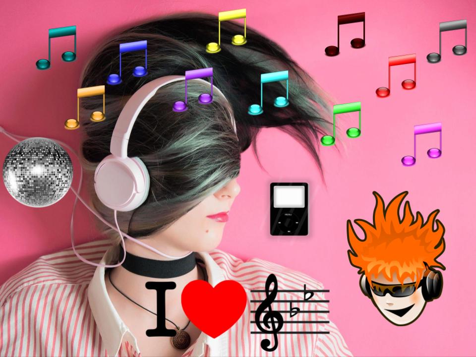 goth girl in pink room. Music notes surround her. There are poorly photoshopped disco balls, an iPod, "i